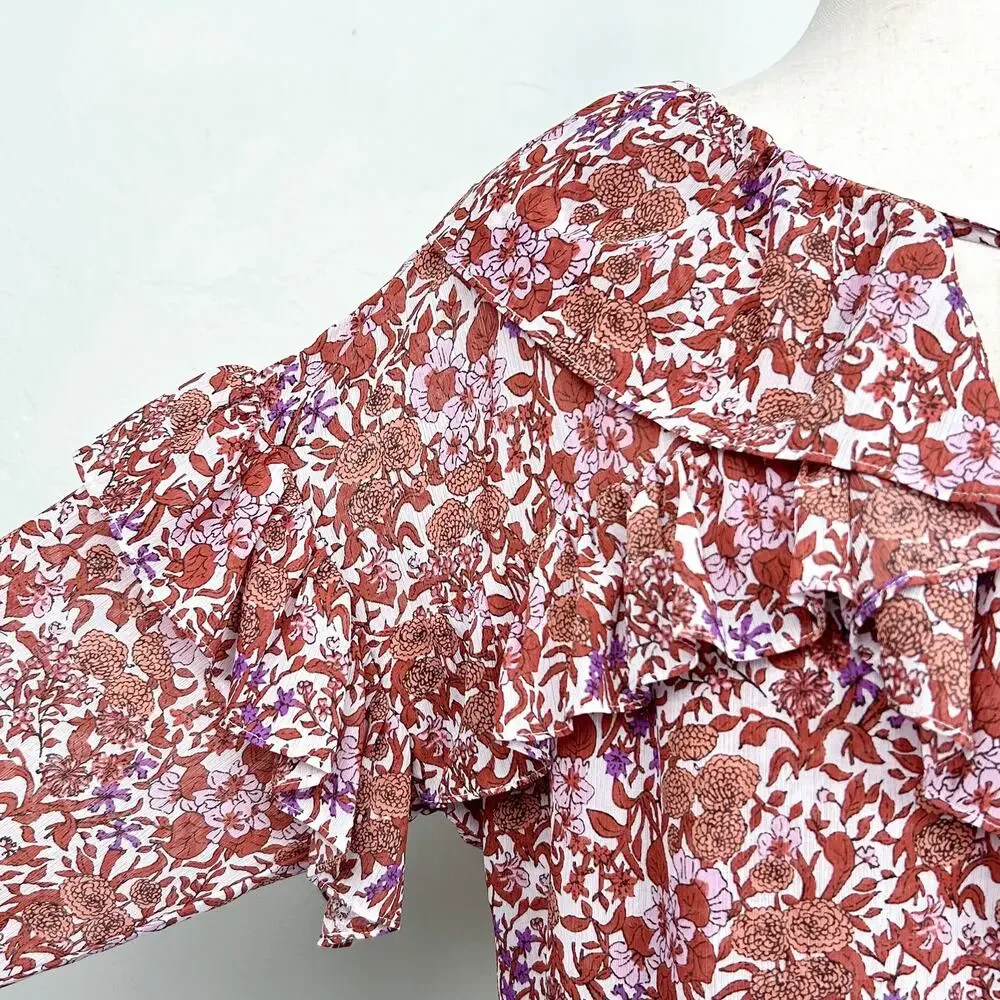 J. Crew Crinkle Chiffon Floral Fete Ruffle Bell Long Sleeve V-Neck Blouse MEDIUM - Picture 4 of 11